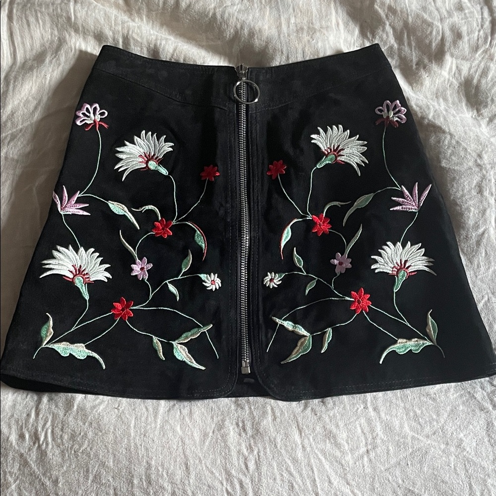Zara Floral Embroidered Suede Skirt